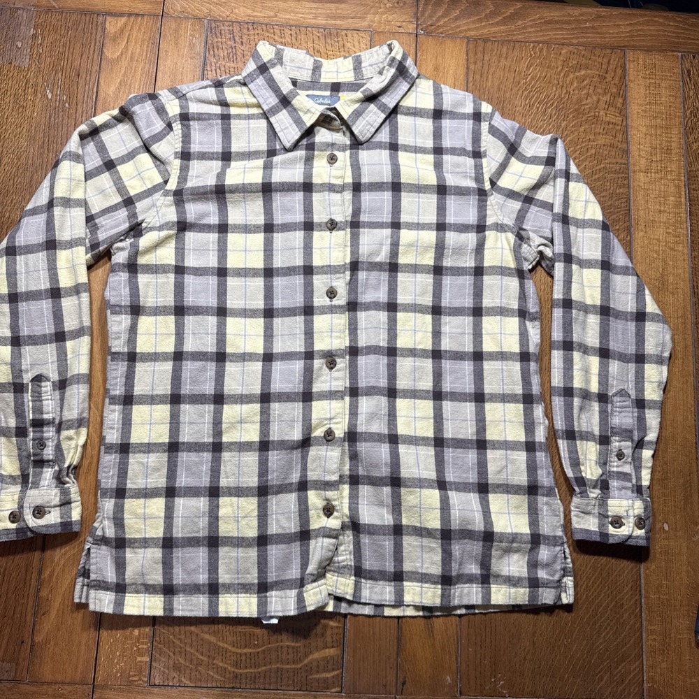 Cabela's Mens Shirt Button Up Brown And Yellow Flannel Plaid Long Sleeve Medium
